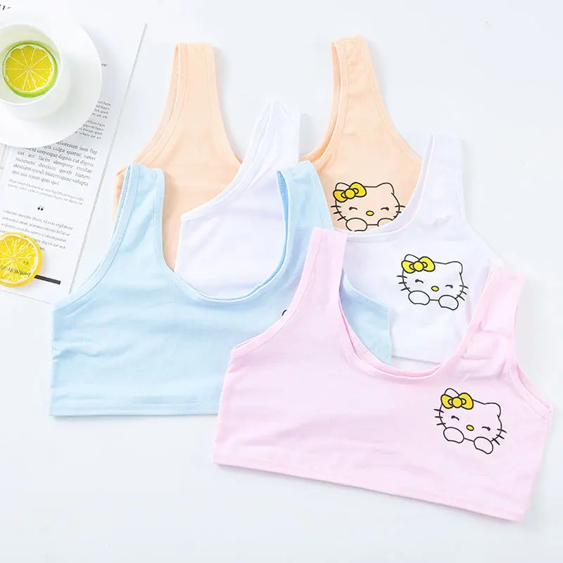 Cute Cartoon Kawaii New Girl Solid Color Cotton Vest Chest Wrapped Children Developing KT cat Underwear Single Layer Bra |