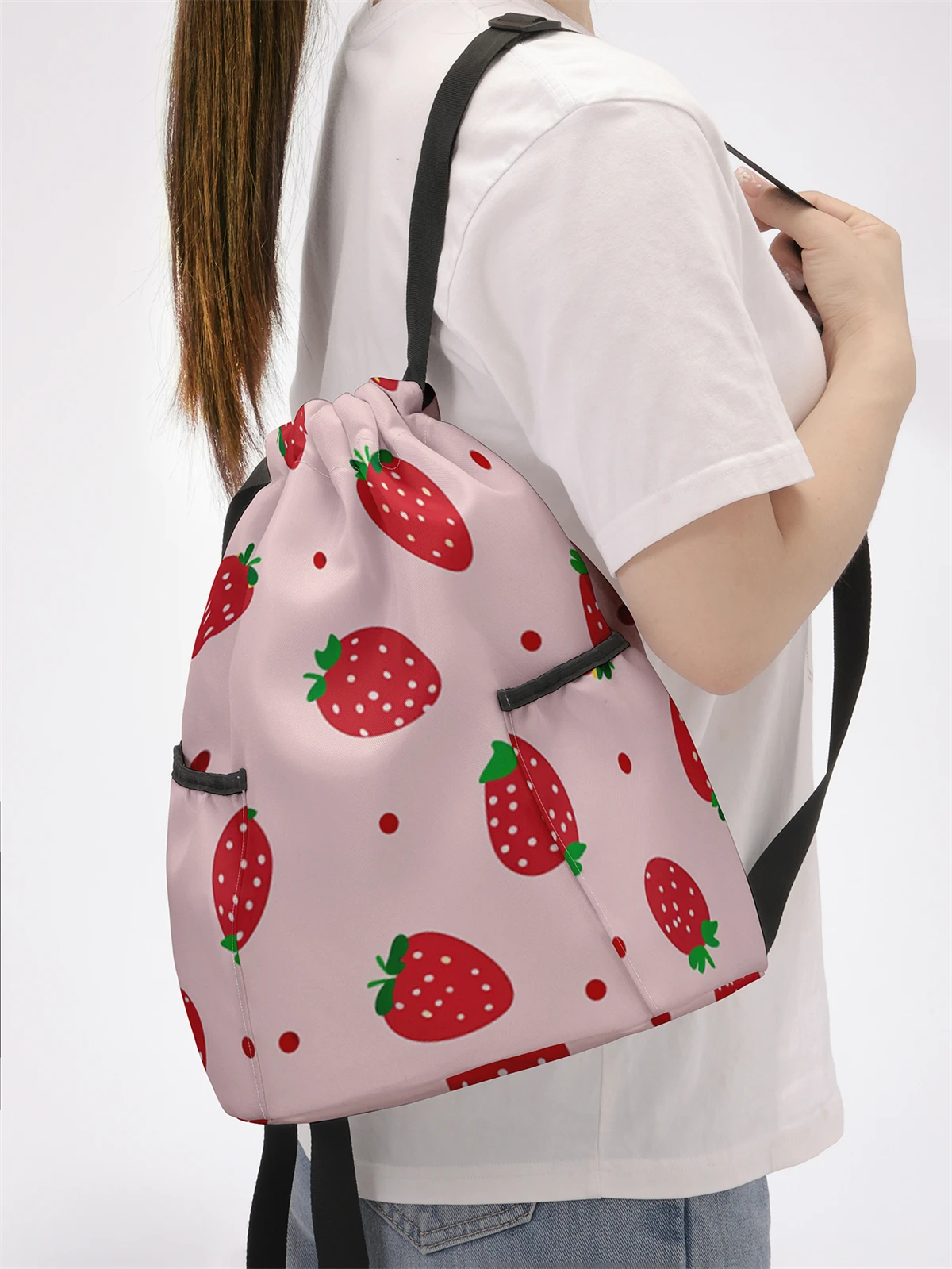 Strawberry Pattern Drawstring Backpack - Large Capacity Durable Fitness Bag, Adjustable Shoulder Straps, Sports Beach Backpack