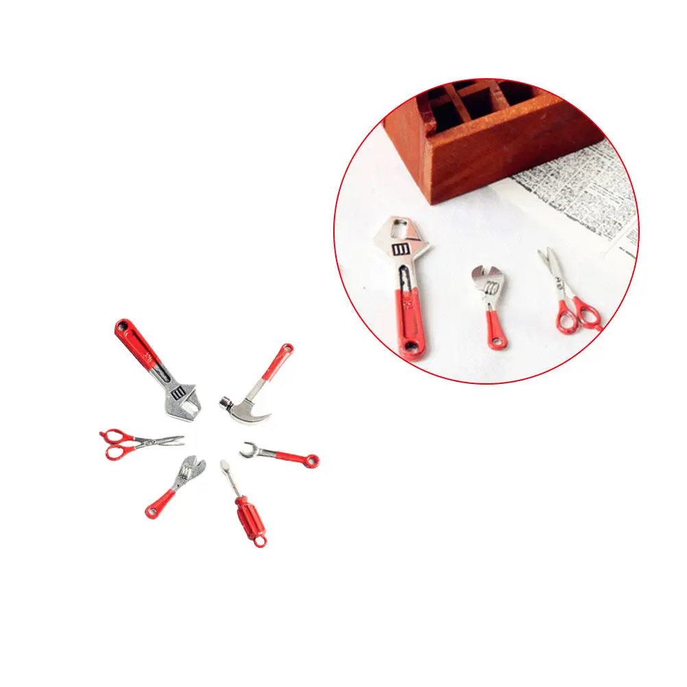 7Pcs 미니어처 도구 상자 세트 어린이를위한 합금 크리 에이 티브 도구 상자 레이아웃 소품 나무 주최자가있는 기계 테마 데스크탑 장식품