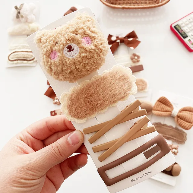 Coffee Warm Color Cute Cartoon Princess Hairpins Children Girls Kid Hair Clips Barrettes Accessories Hairclip Headwear Headdress plush bear