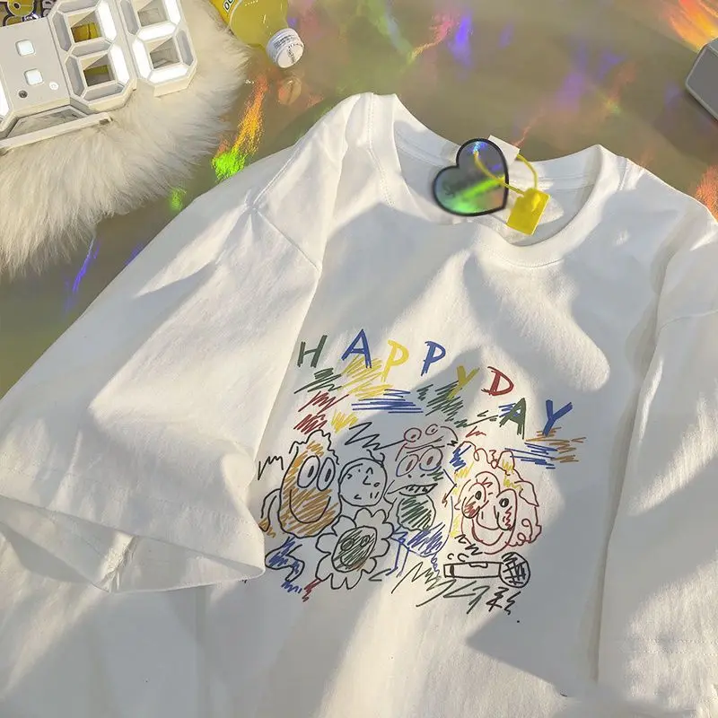 

Kawaii Happy Day Graffiti Frog Print Y2k Unif Women 100% Cotton Harajuku Style Women Short-Sleeved T-shirt Korean Graphic Tees