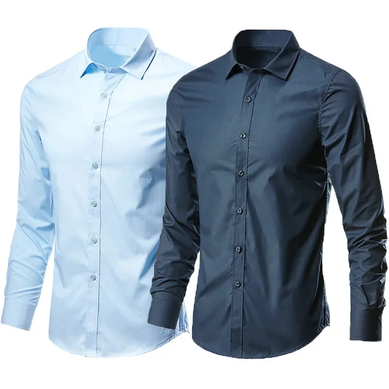 Men Casual Dress Shirts Long-sleeved Collared Button Tops Plus Size S-5XL