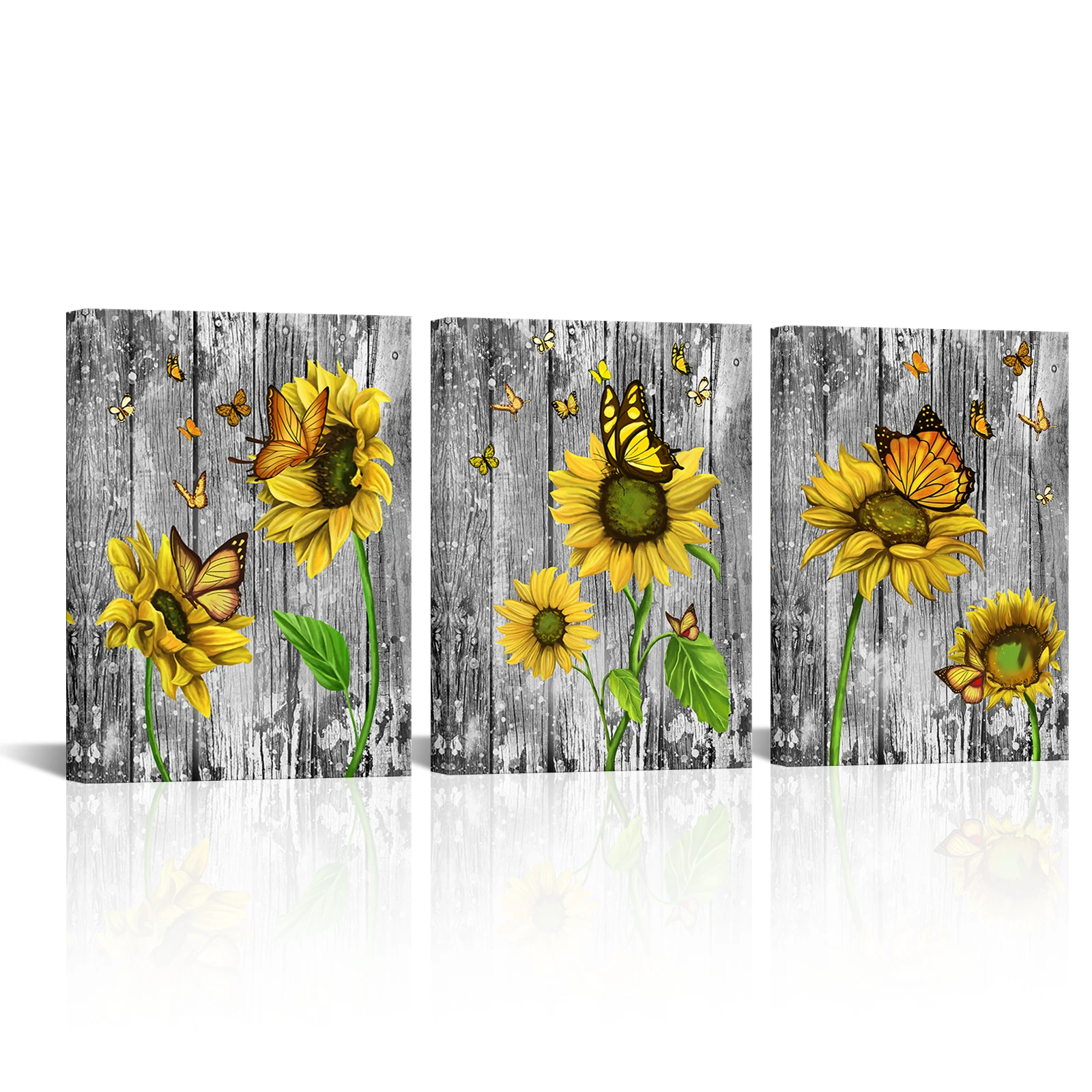 

3 Pieces Butterfly on Flowers Wall Art Canvas Painting Sunflowers Print Poster Modern Style Picture Living Room Home Decor