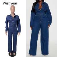 New Winter Blue Denim Bodycon Jumpsuits for Woman Long Sleeves Single Breasted Stretch Jeans Rompers Streetwear Baggy Overalls
