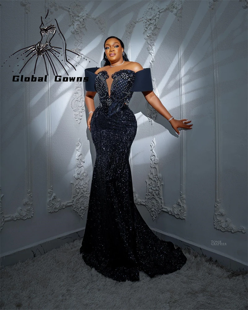 

Black Blue Off The Shoulder Evening Dresses Beaded Crystal Birthday Party Dress For Women Sequined Formal Gowns Mermaid Vestido