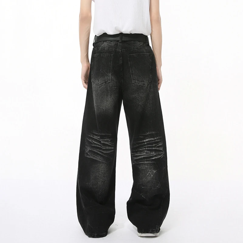 IEFB High Street Men's Jeans Casual Washed Whiskers Solid Color Loose Trendy Straight Wide Leg Male Denim Pants Autumn 9C7862 6