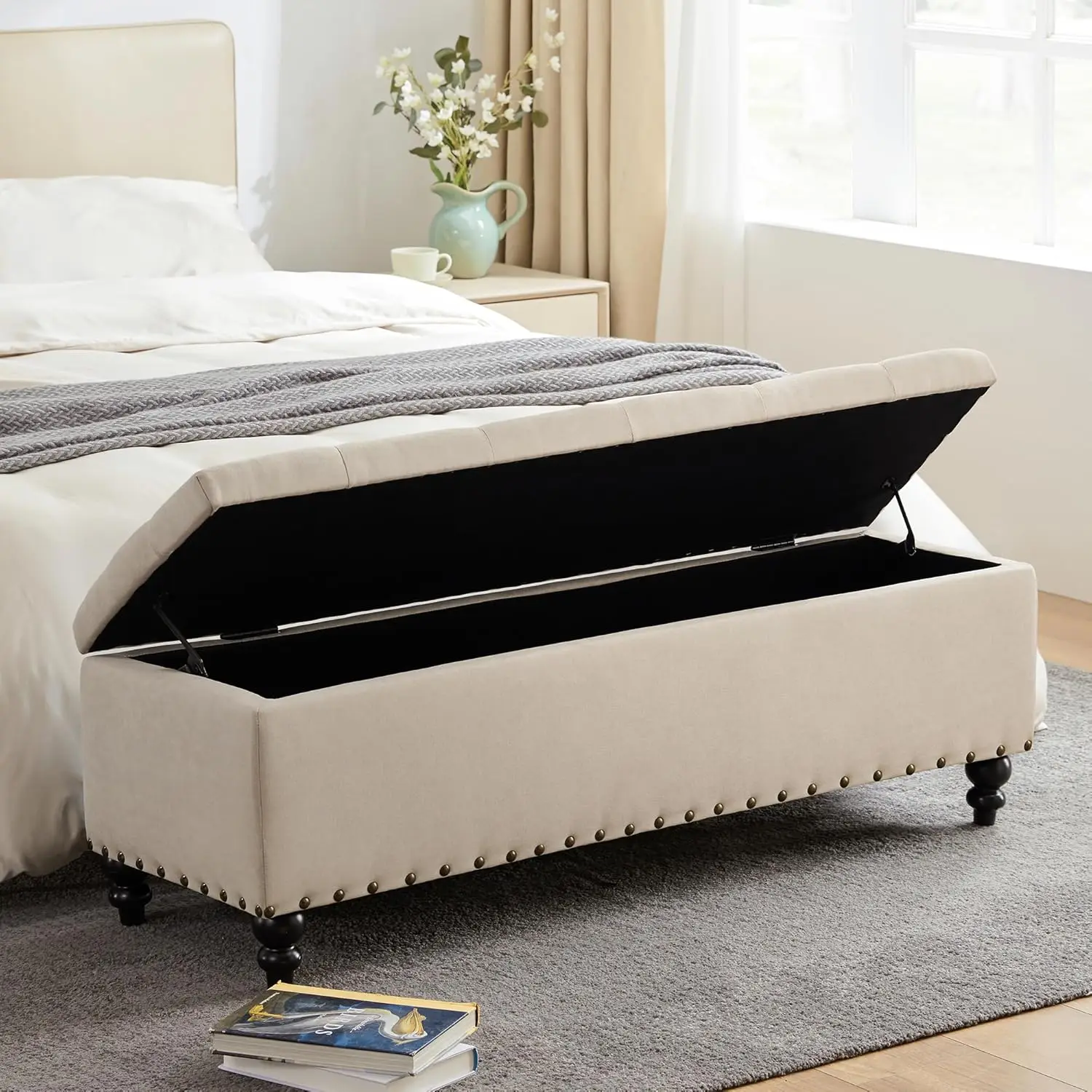 51-inch Storage Ottoman Bench with Removable Tray, Bedroom Bench with Button-Tufted, Safety Hinge Ottoman in Upholstered Fabrics