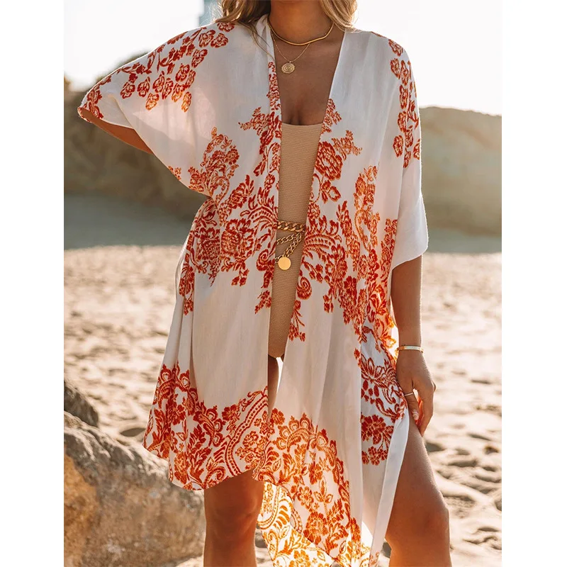The New 2022 Europeans Printed Cotton Leaves Beach Blouse is Prevented Bask in Beach Dress Sexy Cardigan Bikini Cover ups bikini cover up dress Cover-Ups