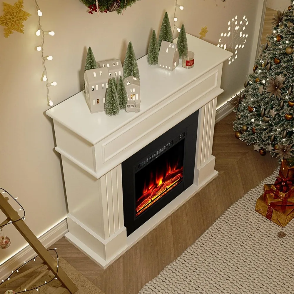 Electric Fireplace with Mantel,Fireplace TV Stand with 18’’ Electric Heater, 3D Realistic Flame,Freestanding ，42''W，White 6