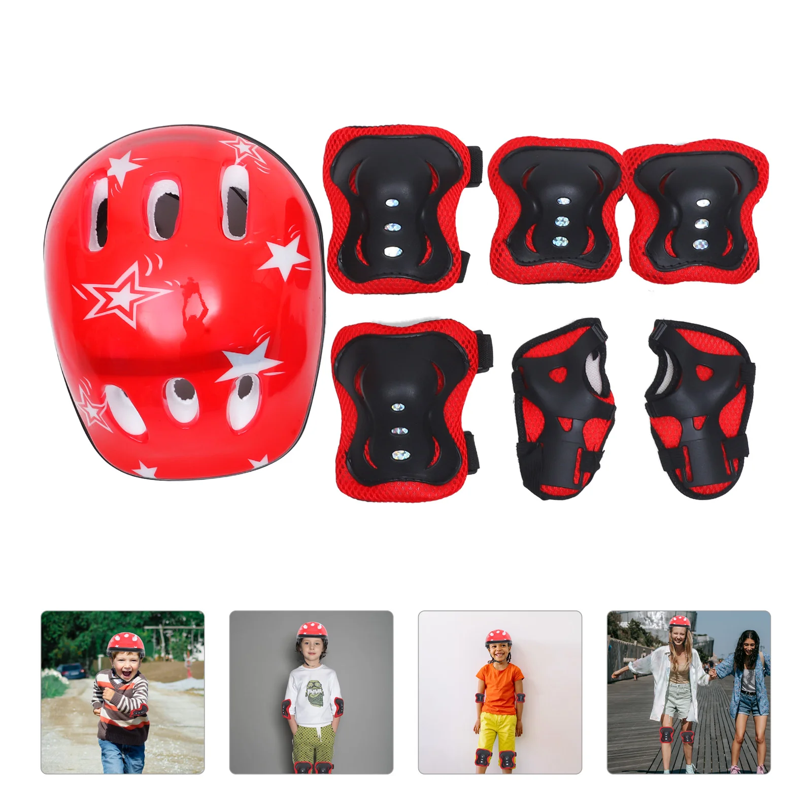 

Adjustable Kids Helmet and Protective Gear Set for Skateboarding and Sports (Red)