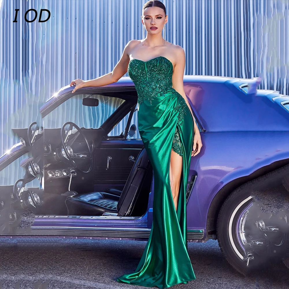 

I OD Sexy Side Slit Mermaid Evening Dresses Modern Strapless Appliques Illusion Zipper Formal Gown Floor Length Robe De Mariee