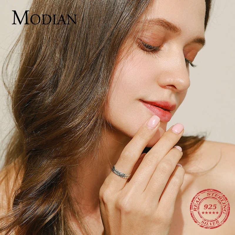 MODIAN 여성을위한 간단한 쌓을 수있는 밀 손가락 반지 행운의 잎 원래 고급 보석 패션 파티 반지