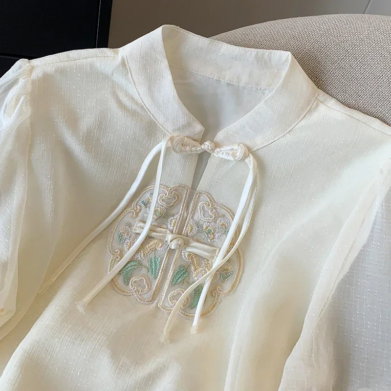 Women's Chiffon Summer Blouses, Vintage Embroidery Clothing, Loose Short Sleeve Tops, Floral 2024 Korean