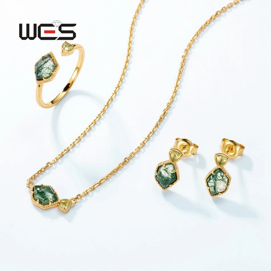 WES 925 Sterling Silver Natural 5*7mm Moss Agate Adjustable Rings for Women Geometirc Gold Plated Wholesale Trendy Gifts Jewelry