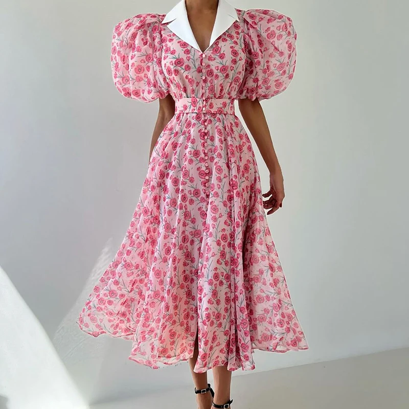 

Elegant Puff Sleeves Waist Women Party Dress Summer Floral Print Button Slim Long Dress Fashion Lapel Pleats Split Holiday Dress