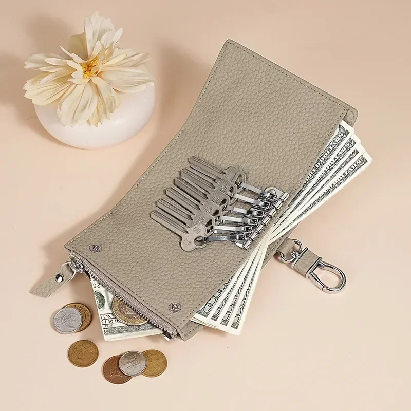 Genuine Leather Keychain Men Women Key Wallets Organizer Pouch Housekeeper Key Case Multi-function Waist hanging Bag