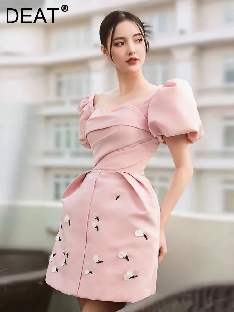 

Женское вечернее платье с квадратным вырезом DEAT, плиссированное мини-платье с пышными рукавами, высокой талией и 3D цветами, весна 2024