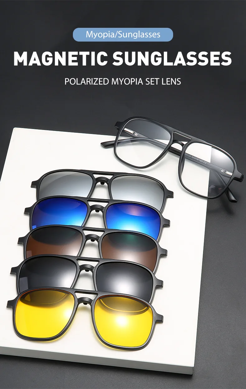 Magnetischer Sonnenbrillen-Clip und optischer Brillenrahmen, 6-in-1, Damen und Herren, polarisiert oder Nachtsicht, Mehrzweck-Brillen-Set 2333 – Detail 2