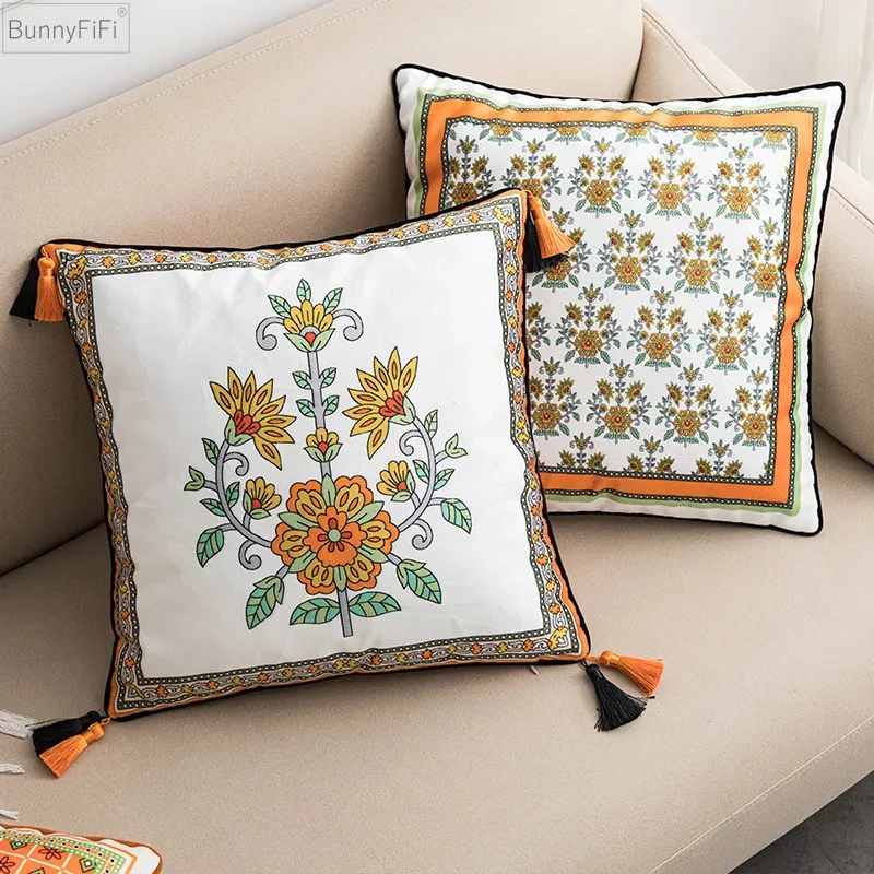 

Vintage Tassels Pillow Cover Orange Mandala Floral Cushion Cover Velvet Home Decorative 45x45 Living Room Sofa Bed Chair Pillow