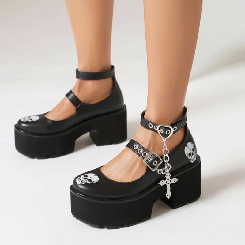 2023 Gothic Cross Chain Detachable Skull Platform Platform Shoes Lolita Small Leather Shoes Mary Jane K9881
