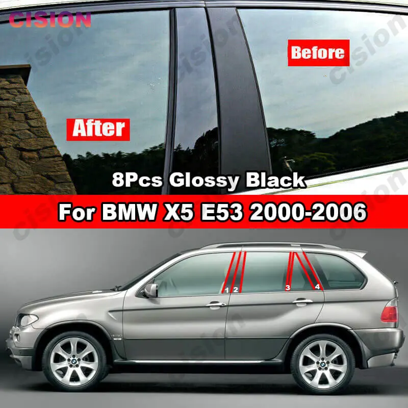 Car Window Trim Stickers Mirror Effect Car Window Door Column B C Pillar Post Cover Trim For BMW X5 E53 2000-2006 Glossy Black Carbon Fiber PC Sticker 8x