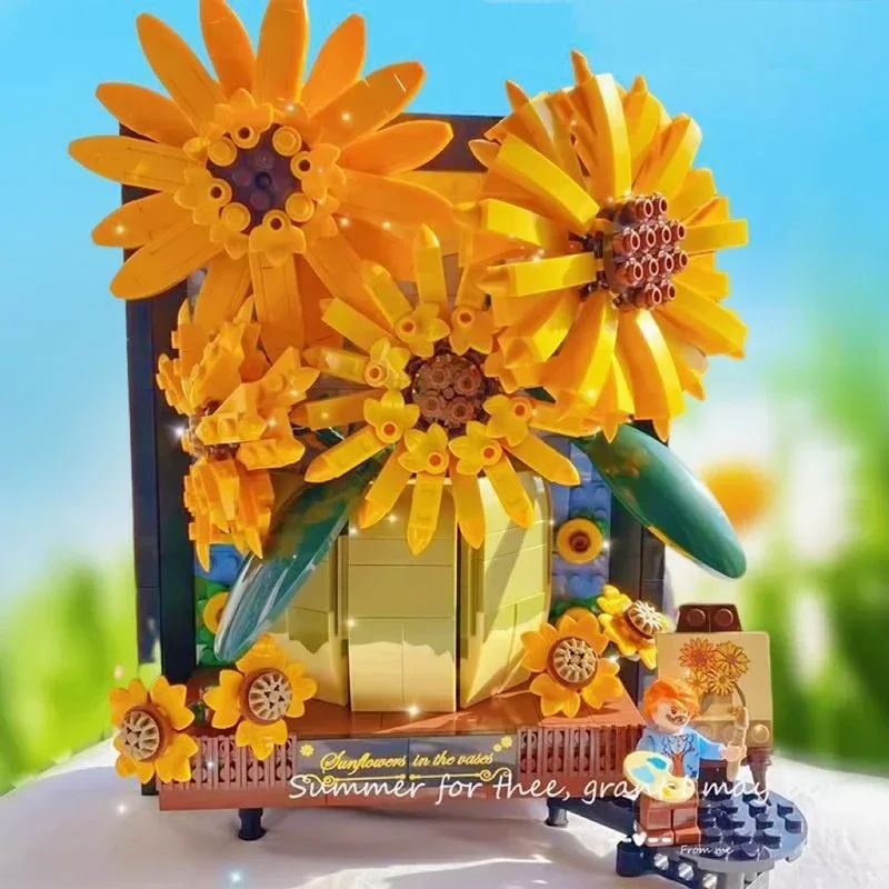 

Ideas Van Gogh Sunflower Potted Bouquet Building Blocks Sun Flower 3D Model Picture Frame Home Decoration Bricks Toy Diy Gifts