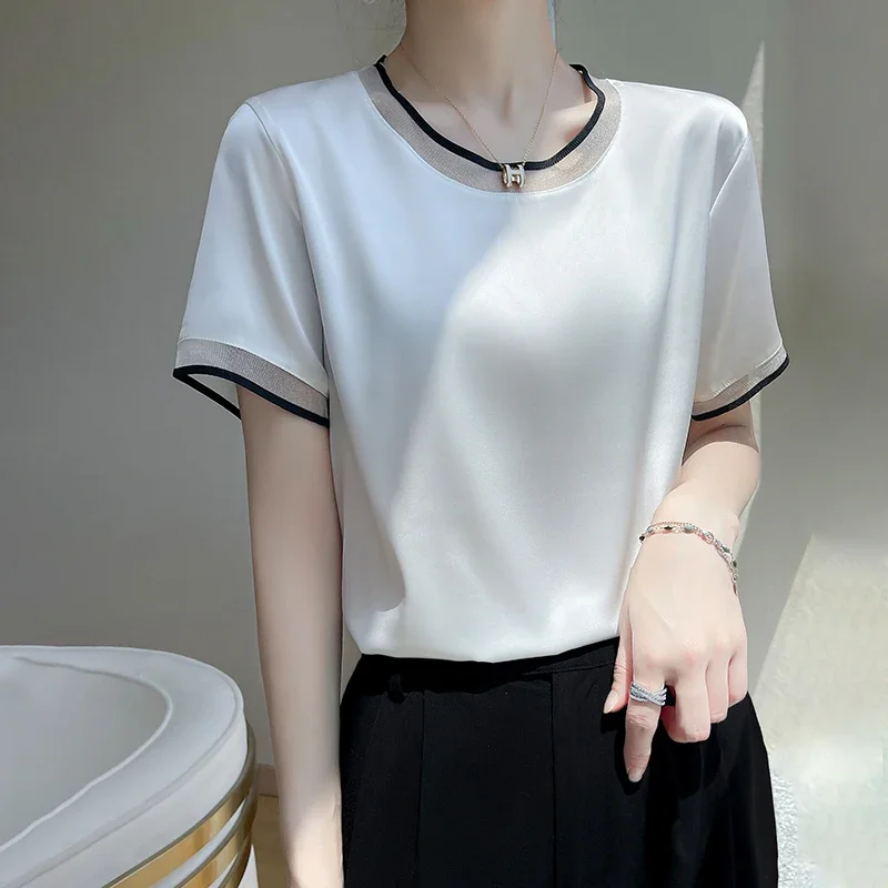 

Summer New Ladies Silk Round Neck Gauze Short Sleeve T-shirt Fashion Color Matching Acetic Acid Loose Pullover B63