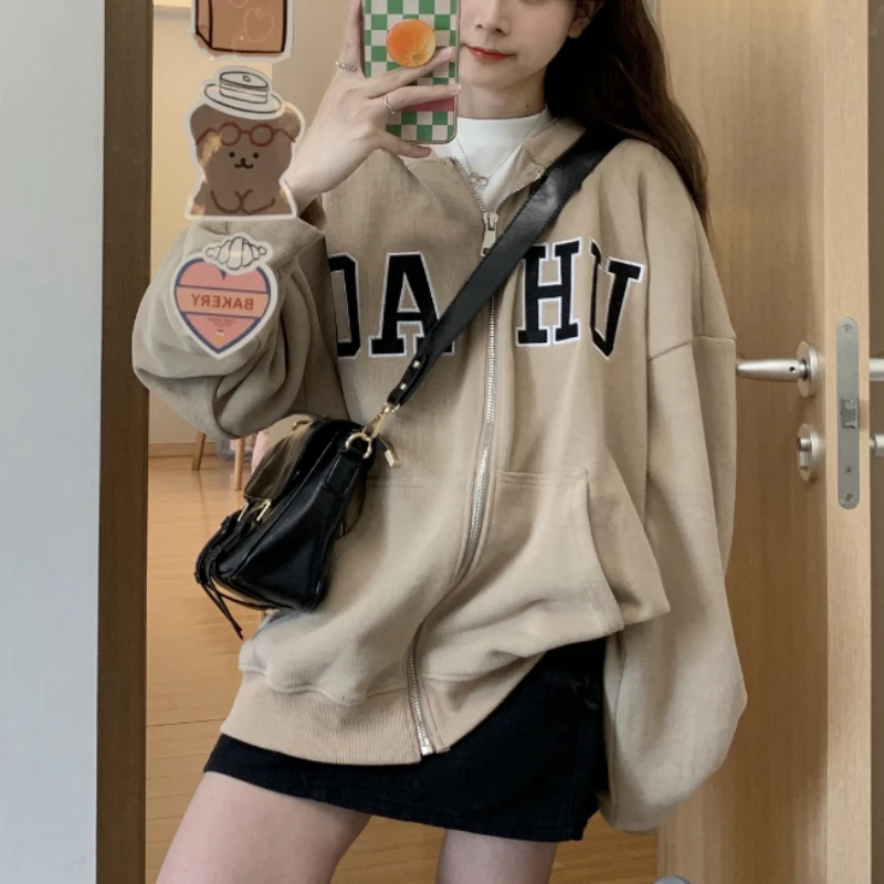 

Korean Fashion Khaki Letter Hoodie Women Harajuku Kpop Oversize Zip Sweatshirt Female Streetwear Casual Vintage Top Y2k