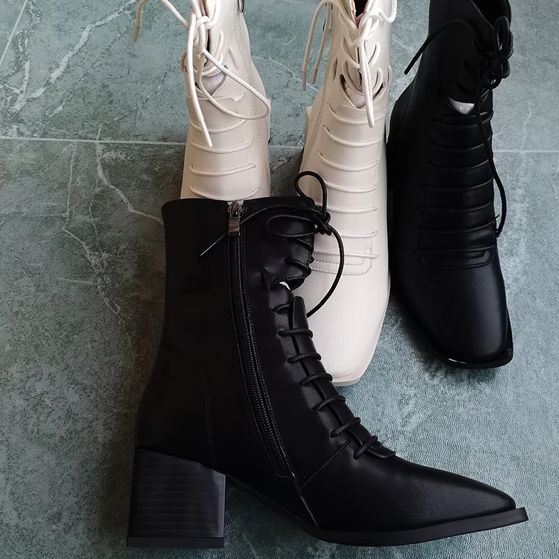 Women ankle boots natural leather plus size 22-25 CM Square toe Outdoor fashion leisure shoes Hollow Wearable in all seasons
