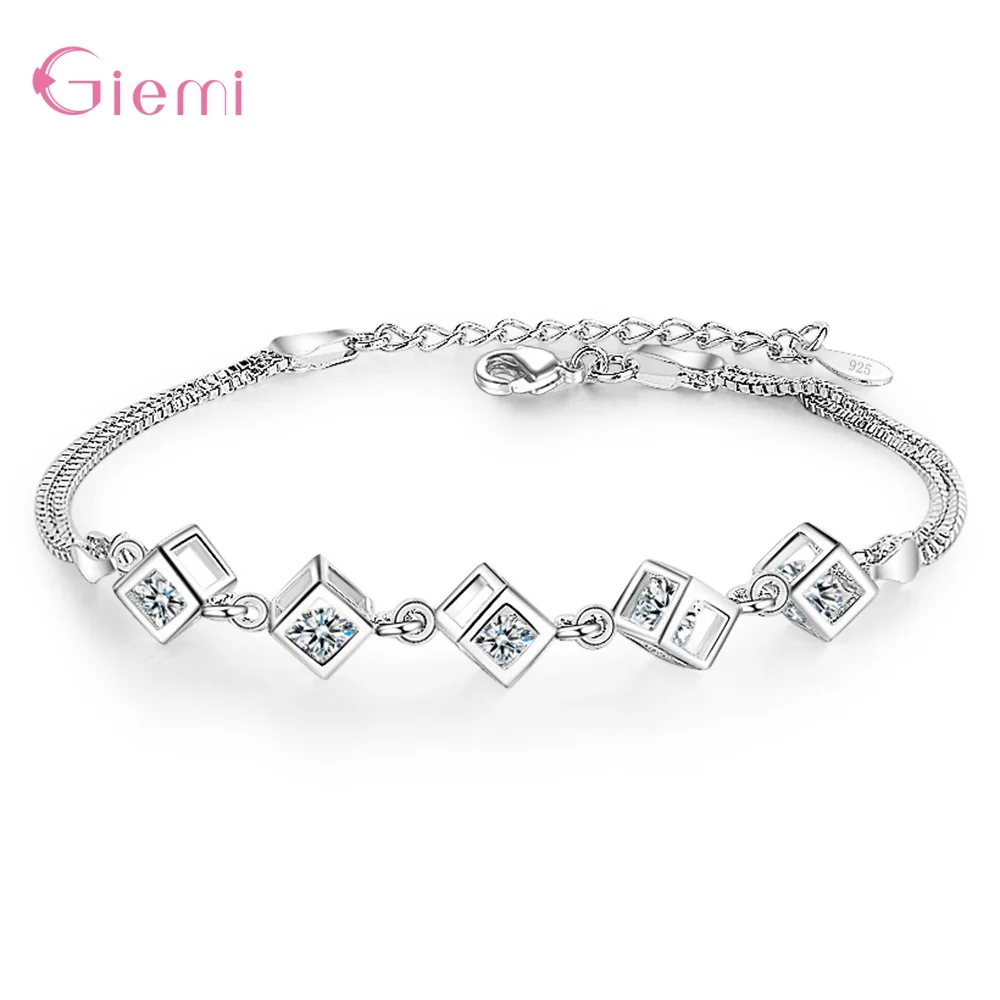 

Original 925 Sterling Silver Elegant Cube Shiny Crystal Bracelet Fashion Link Chain For Women Wedding Jewelry Gifts