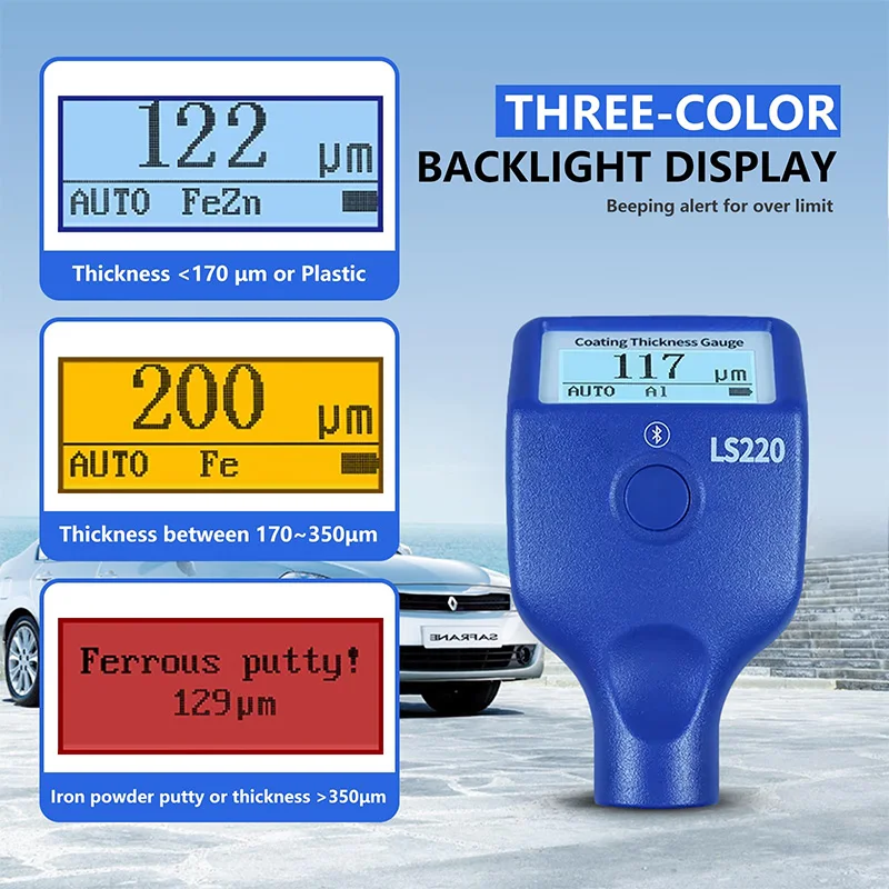 LS220 Paint Coating Thickness Tester 0-3500&mu;m 0.1&mu;m Fe NFe Probe Gauge for Auto Car Paint Film Thickness Gauge -20℃ LCD Screen