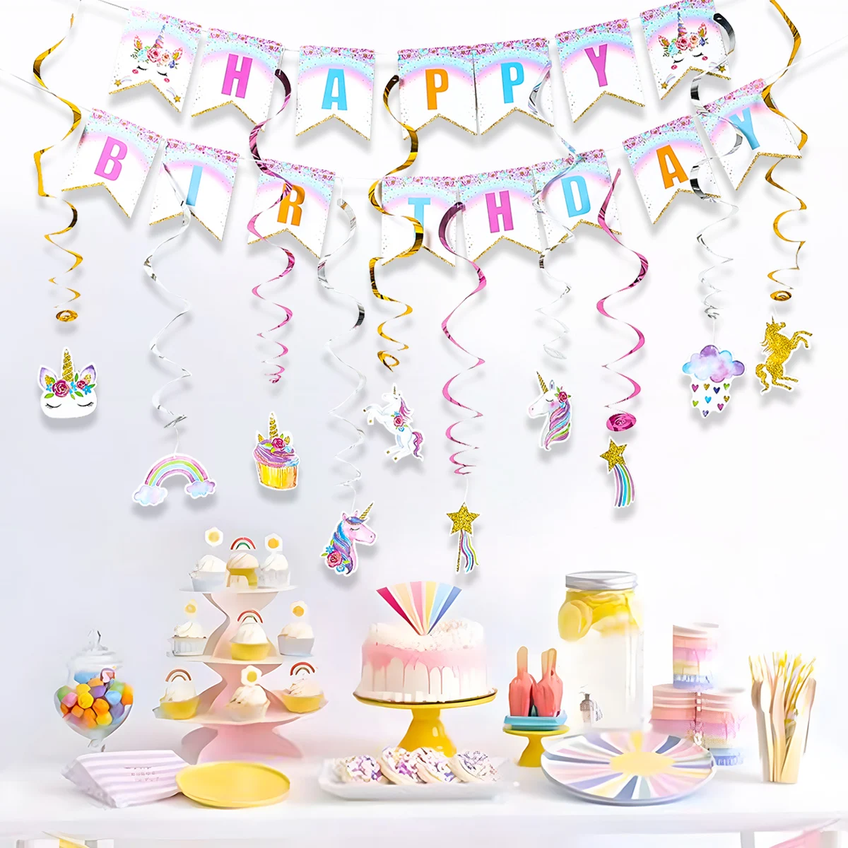 Rainbow Unicorn Birthday Party Supplies - Disposable Tableware and Decorations