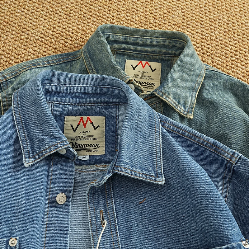 Spring American Retro Heavyweight Double Pocket Denim Cargo Shirt Men's Simple Cotton Washed Casual Blouses Thin Jacket
