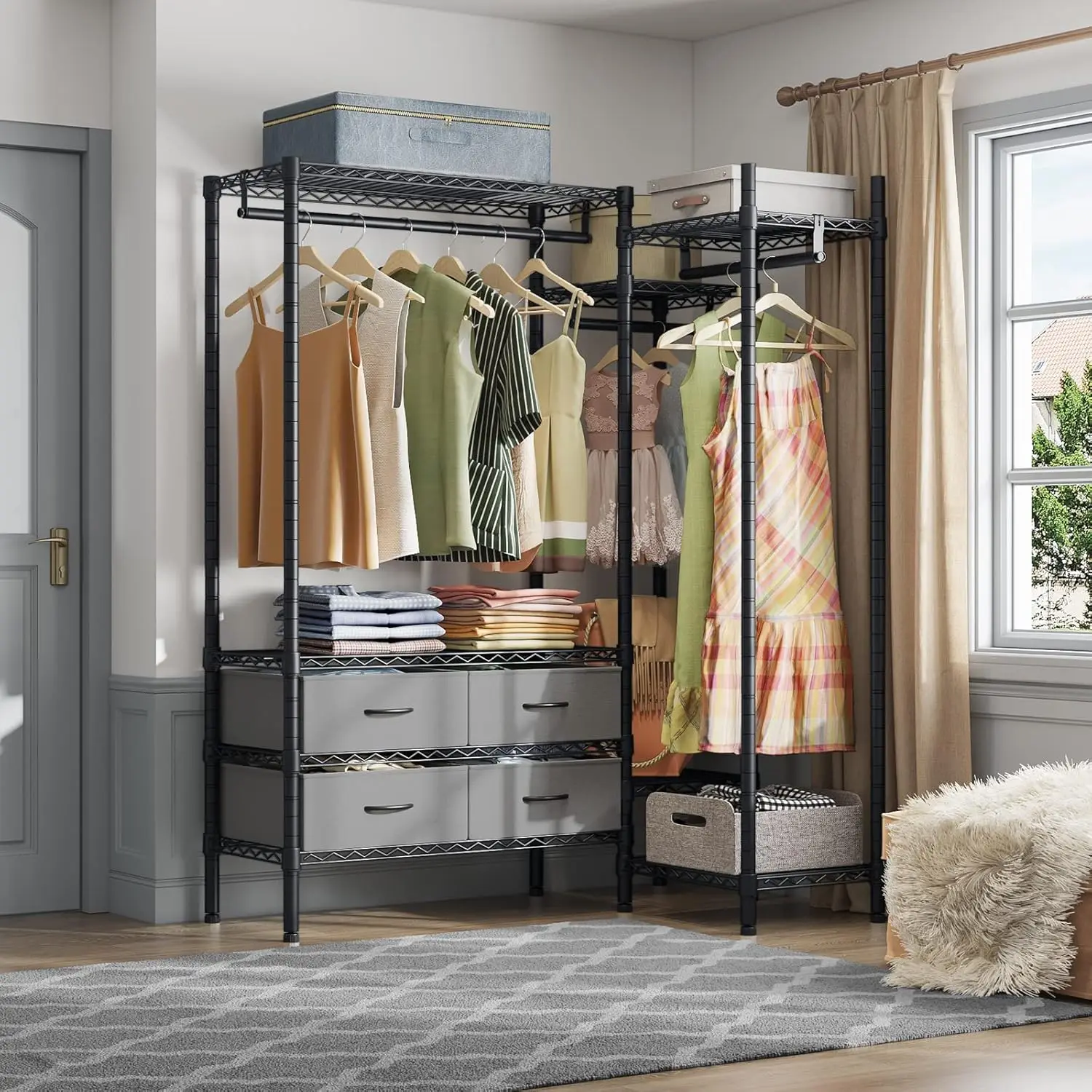 L20 L Shaped Garment Rack Corner Adjustable Clothing Rack Heavy Duty Coat Rack with 4 Fabric Drawers, Black 6