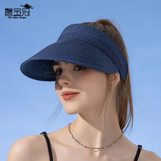UPF50+ Wide Brim Visor Hat for Women Straw Beach Sun Visor Foldable Ponytail with UV Protection 5