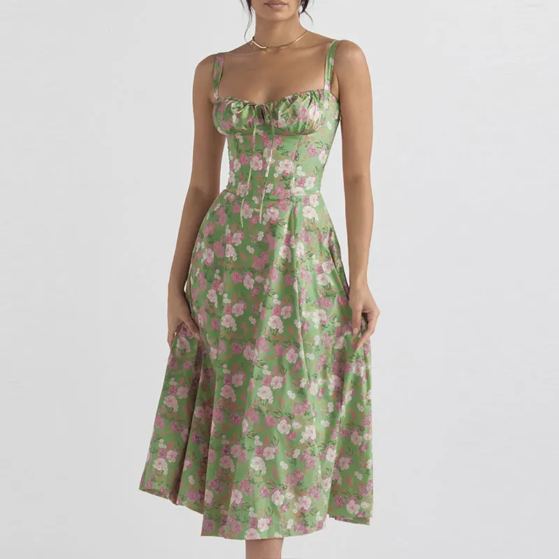 Robe à bretelles imprimée florale pour femmes, robe trapèze élégante, couleur unie, coupe couvertes, fente latérale, taille, été 2023 28