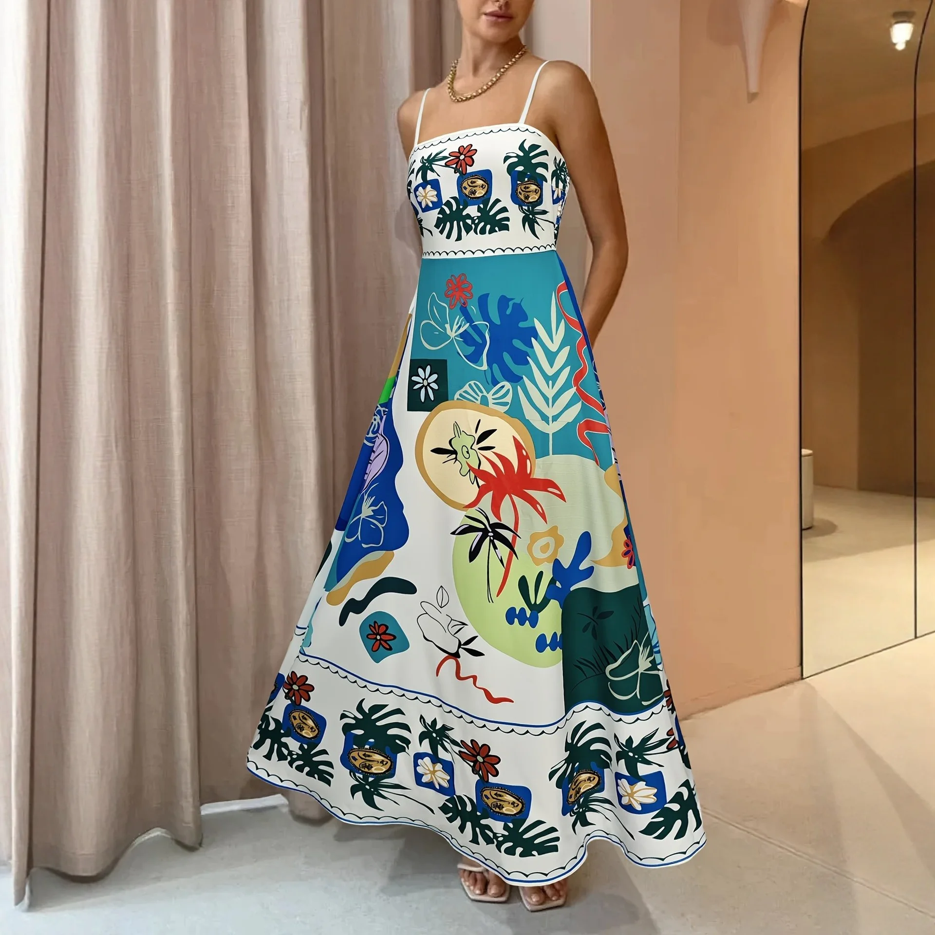 فستان ميدي بدون حمالات مطبوع تجريدي ملون فستان