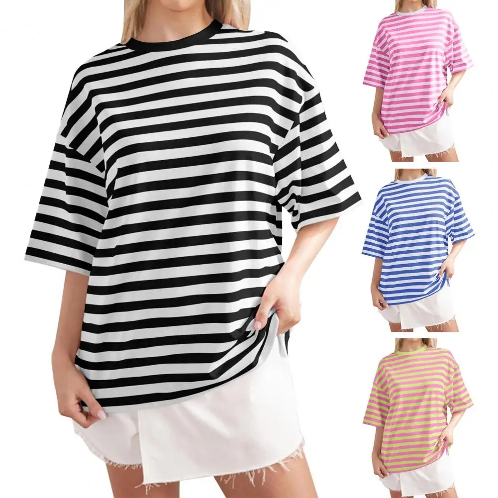 

Women Top Striped Print Women's Summer T-shirt Collection O-neck Short Sleeve Tee Loose Fit Casual Pullover for Streetwear