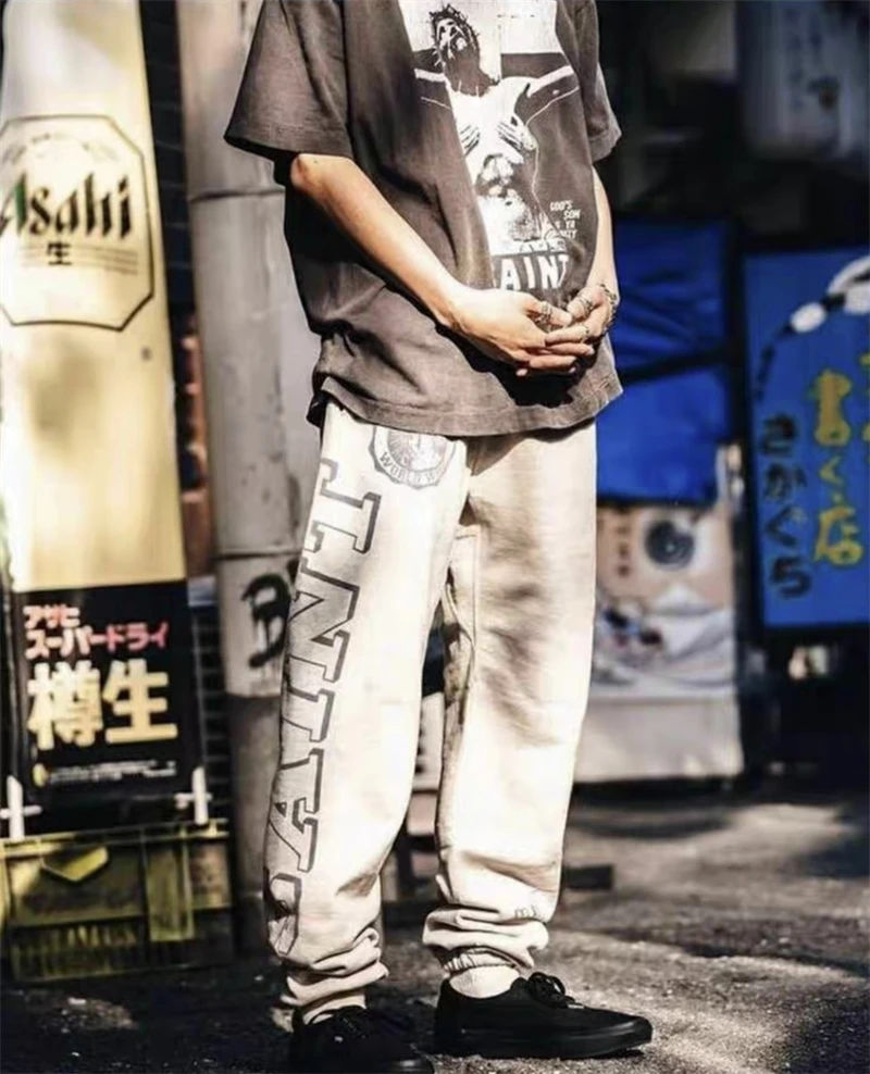 

High Street Apricot Saint Michael Sweatpants Men Women Best Quality Vintage Angel Jogger Drawstring Pants Hip Hop