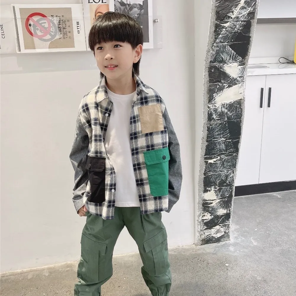 

Autumn Boys Fashion Jacket Tops Cotton Plaid Pattern Multi-pocket Stitching Long Sleeve T-Shirts High Quality Boys Shirts