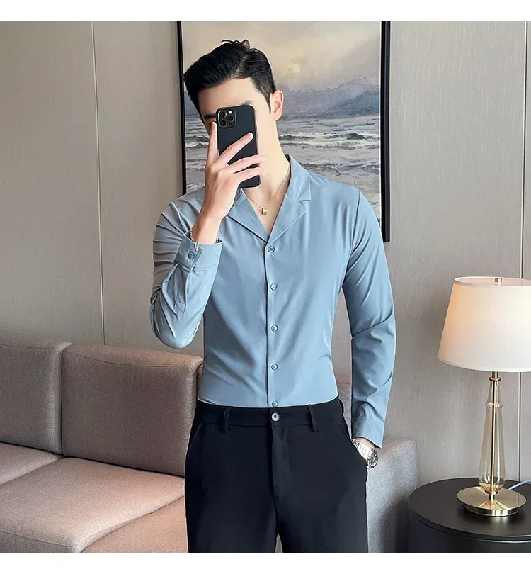 Description Picture 5 of item2022 Fashion Men Shirts Long Sleeve Casual Slim Fit Dress Shirts V-neck Streetwear Formal Social NightClub Party Tuxedo Clothing