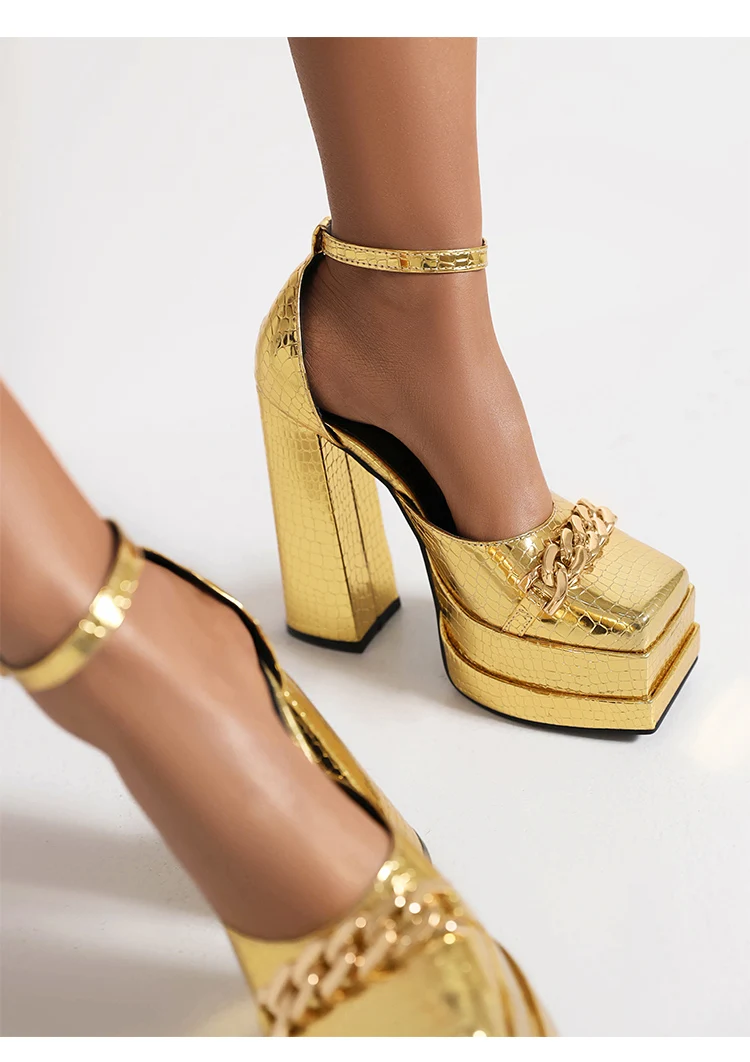 Plus Size Plaid Patent Leather Side Cut-Out Women's Sandals Metal Chain Decoration Ultra-High Double-Deck Platform Fashion Shoes