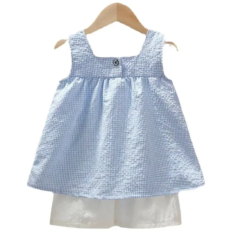 Girls Summer Outfit Set - Checked Straps  White Shorts