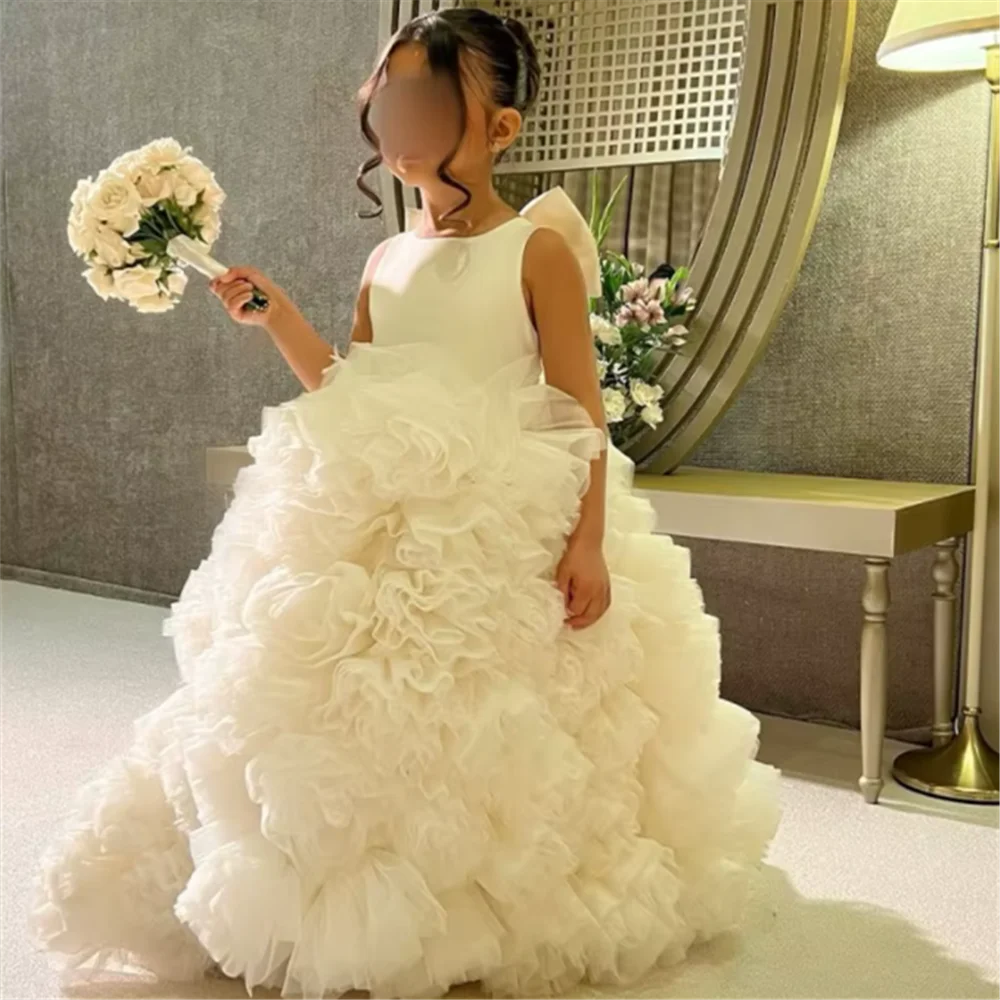 Luxury White Ivory Flower Flower Girl Dresses Pearls Dubai Kids Princess Birthday Wedding Party Children Holiday Gown flower girl dresses