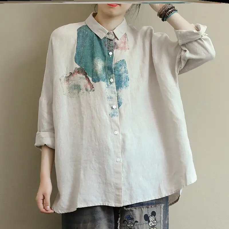 2024 New Women's Spring Autumn Temperament Polo Neck Printed Button Fashion Simple and Loose Long Sleeved Mid Length Shirt Tops