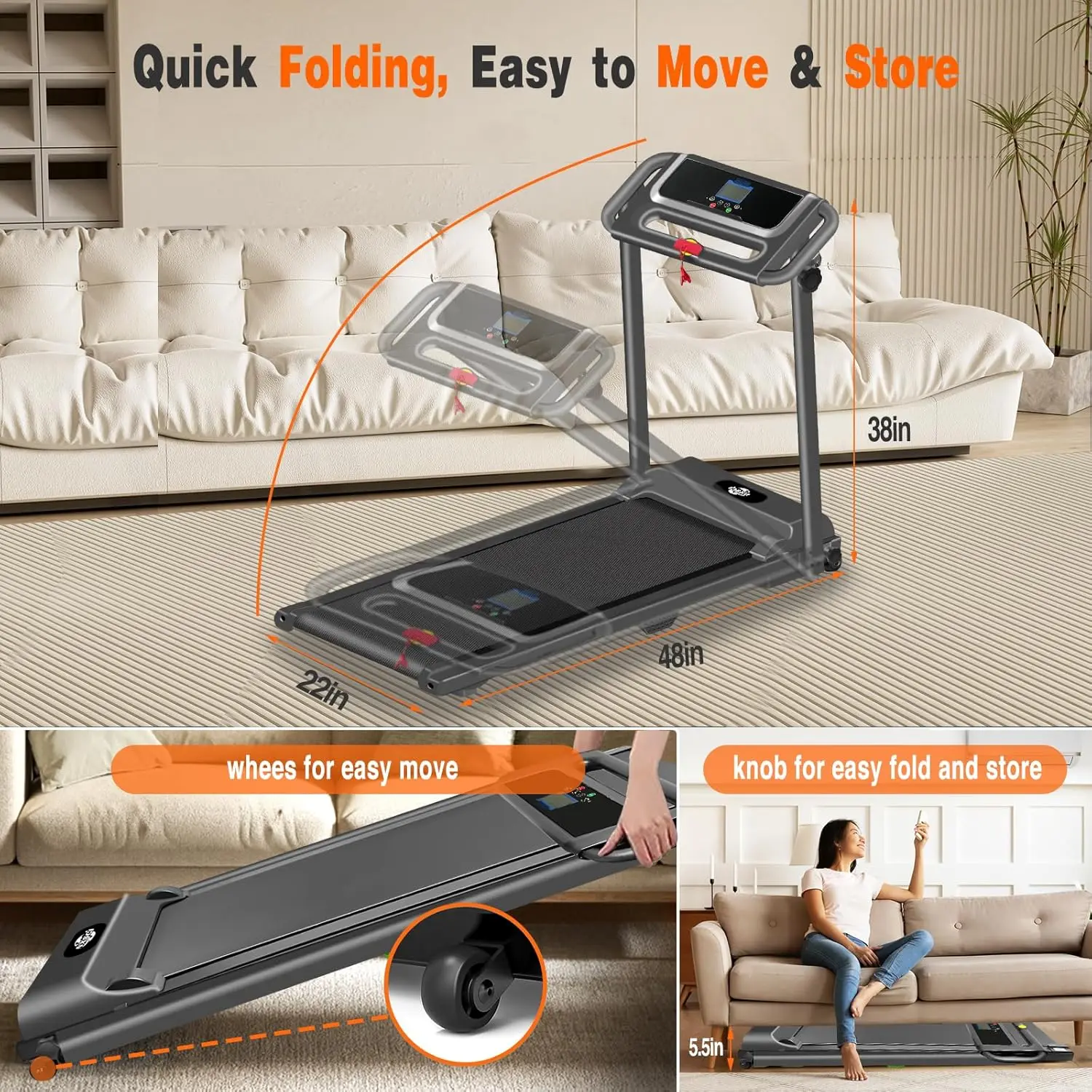 TOMILE Adjustable Folding Silent LED Treadmill Home Fitness Smart Wireless Control Electric Mini Walking Pad Treadmill