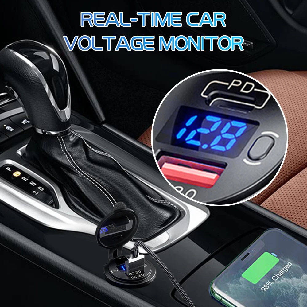 전압 차량용 USB 충전기 QC3.0 PD C타입 USB, 스위치 소켓 포함, 차량 보트 오토바이 SUV 버스 트럭, 12V, 24V