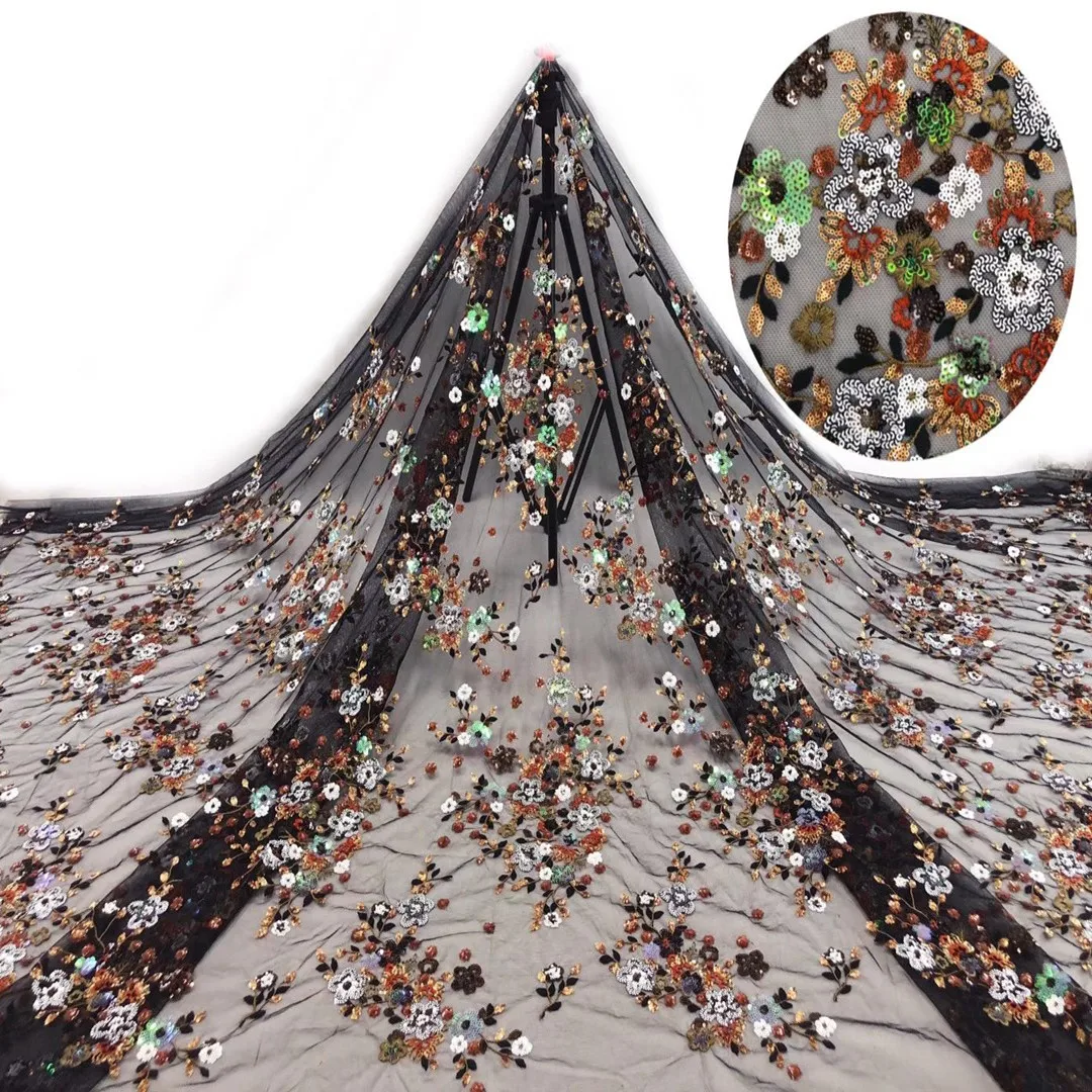 

High quality Sequin African fabric lace fabric 3D sequin Embrodiery French Mesh tulle lace For Party dresses Weddings 5yards