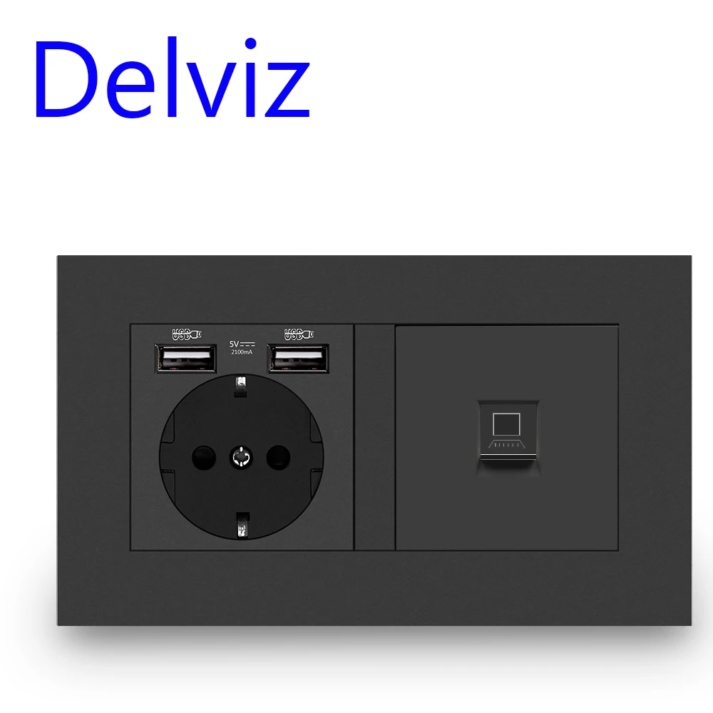 Delviz RJ45 Computer Wall Socket, EU Standard USB Power Socket, Computer connect Jack, CAT5E Connector Cable network Interface