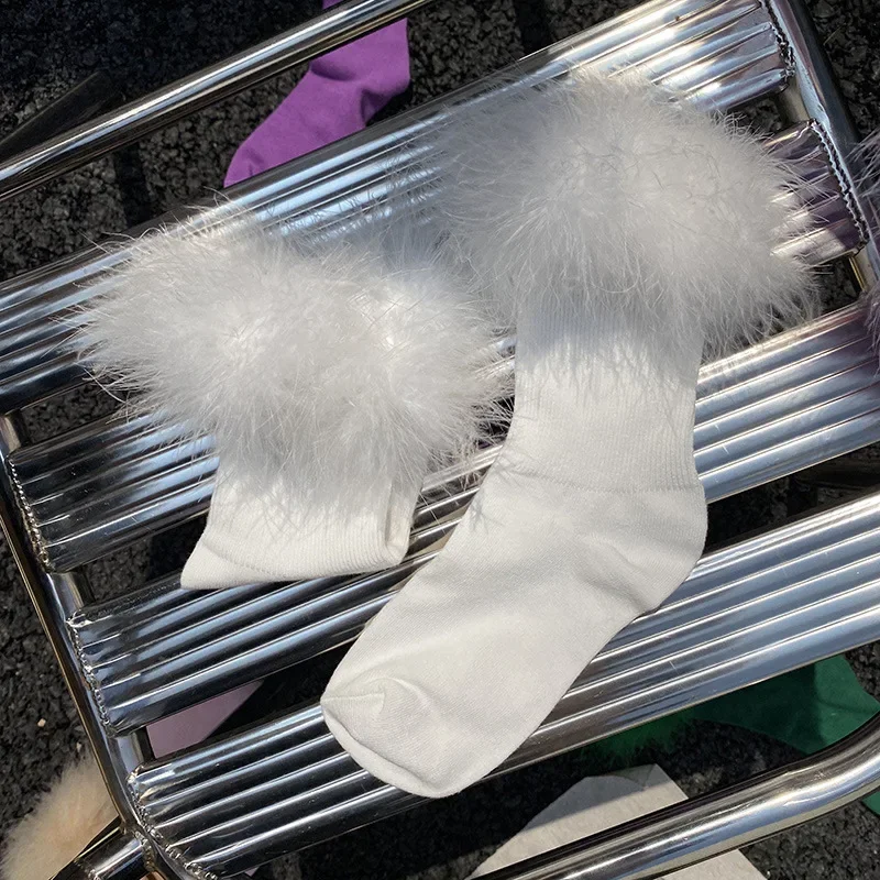 Pink Fuzzy Lolita Japanese Feathered Socks – Cute & Cozy Cosplay Accessories